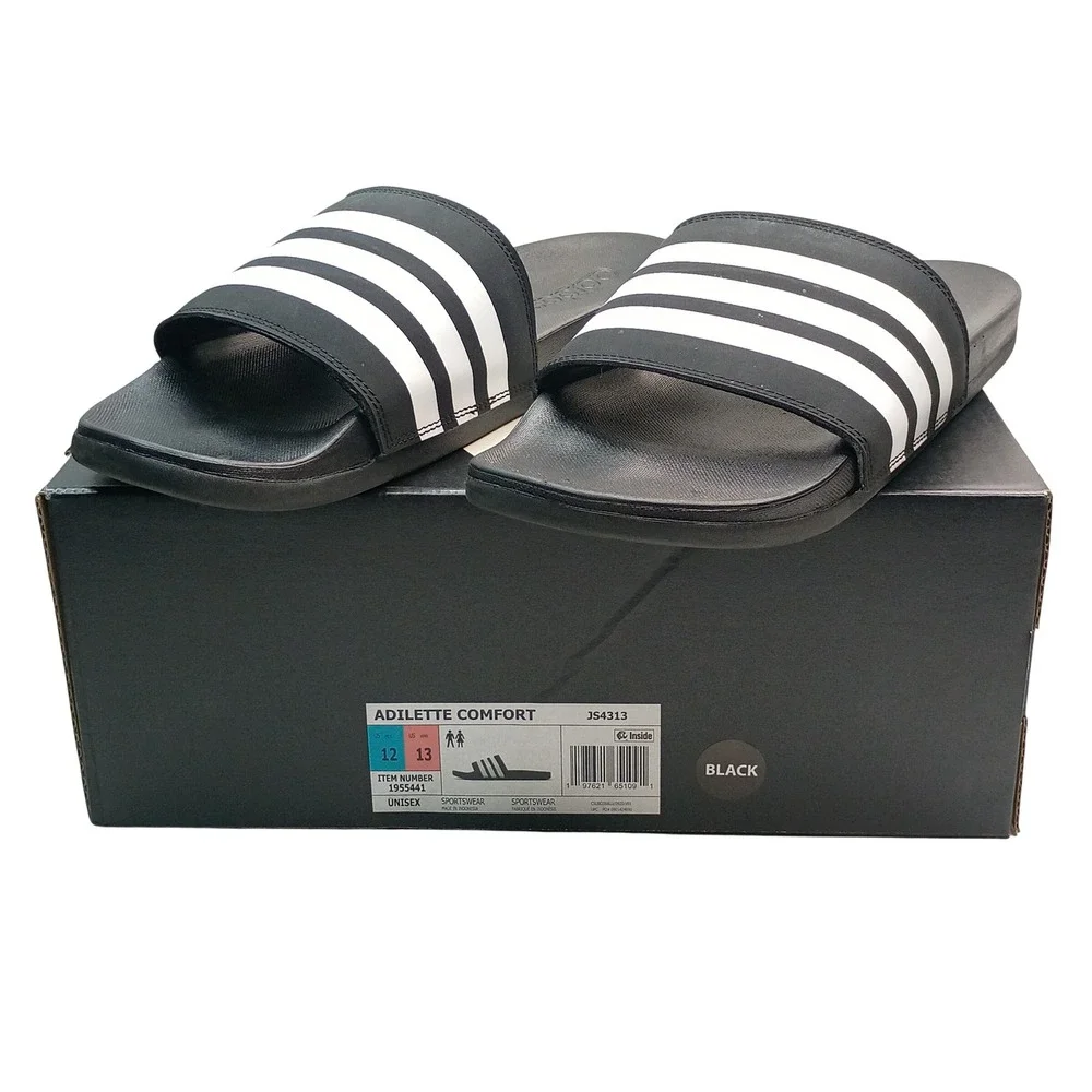 Adidas Adilette Comfort Slides Men Size 12 Black White 3-Stripe Sandals JS4313